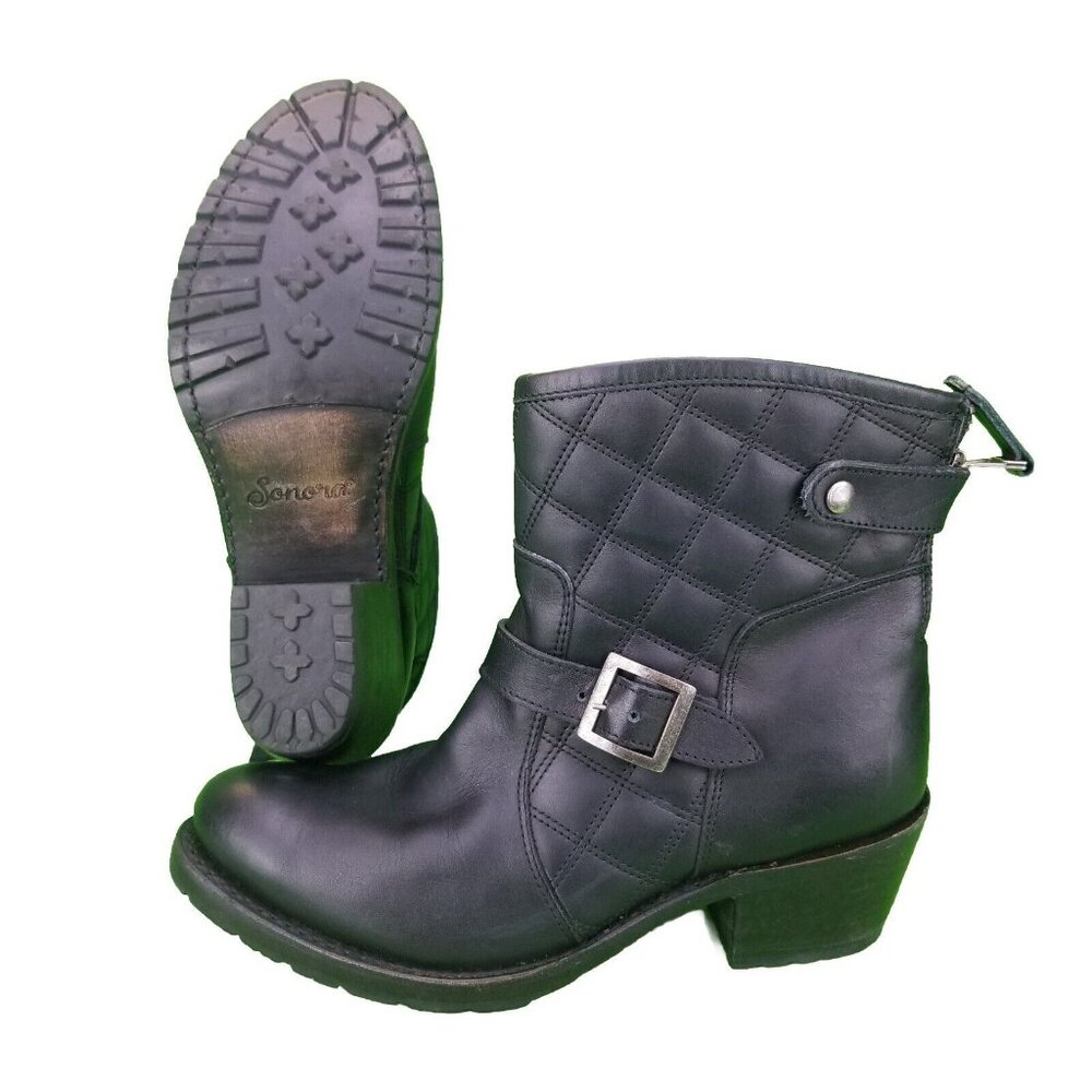 ✅Sonora Quilted Black Leather Ankle Moto/Biker Boots Women's 8B Heeled Back Zip - Picture 2 of 12